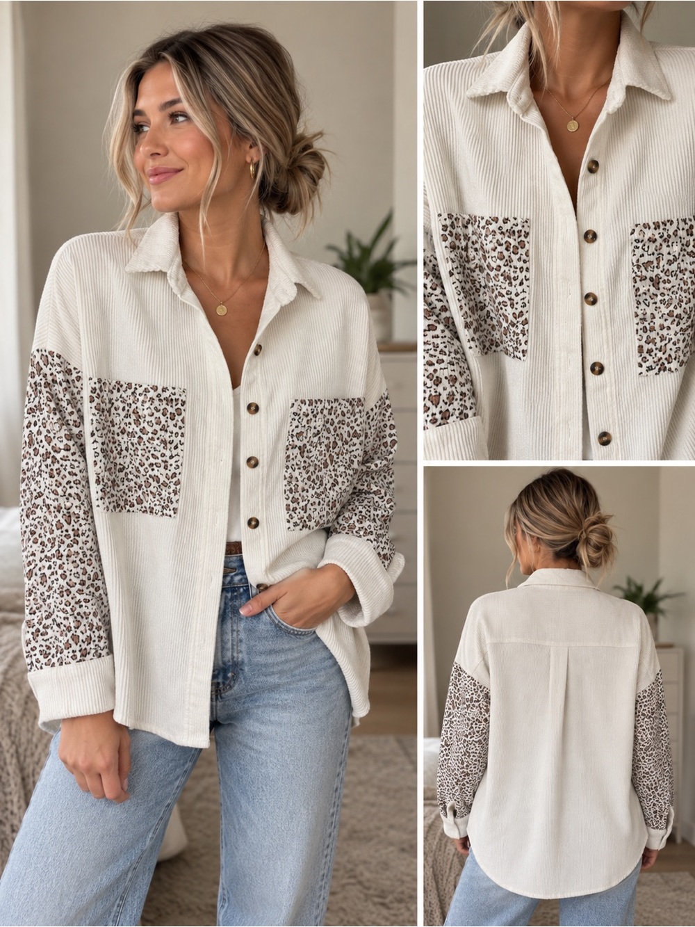 SHEIN Cream Button-Front Shacket with Leopard Accent